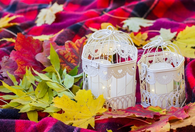 Velas en jaulas decorativas sobre una manta en el parque