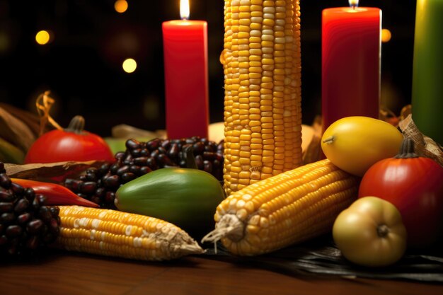 Foto velas kwanzaa en kinara con maíz y frutas.