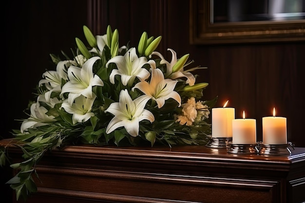 Velas y lirios en ataúd funerario de madera.