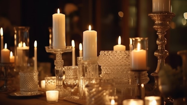 Velas en una mesa con una encendida por una vela.