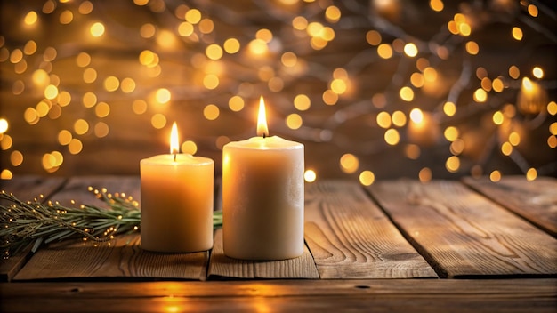 velas en una mesa con luces de Navidad en el fondo