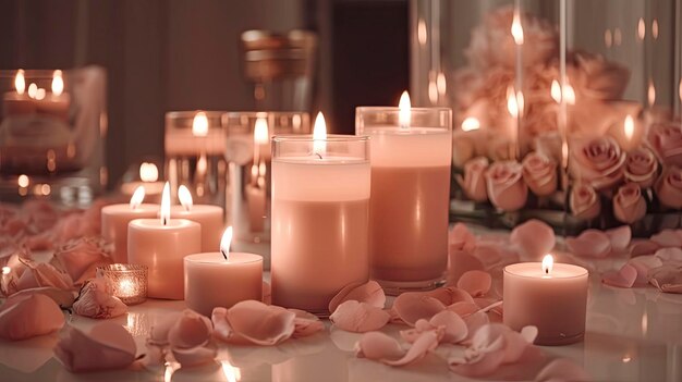 Velas en una mesa con rosas rosas en la mesa