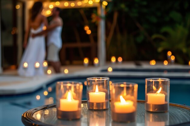 Foto velas en las mesas de la piscina pareja bailando en el fondo