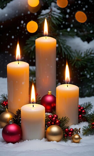 Las velas de Navidad brillando suavemente proyectando una cálida luz sobre la nieve circundante