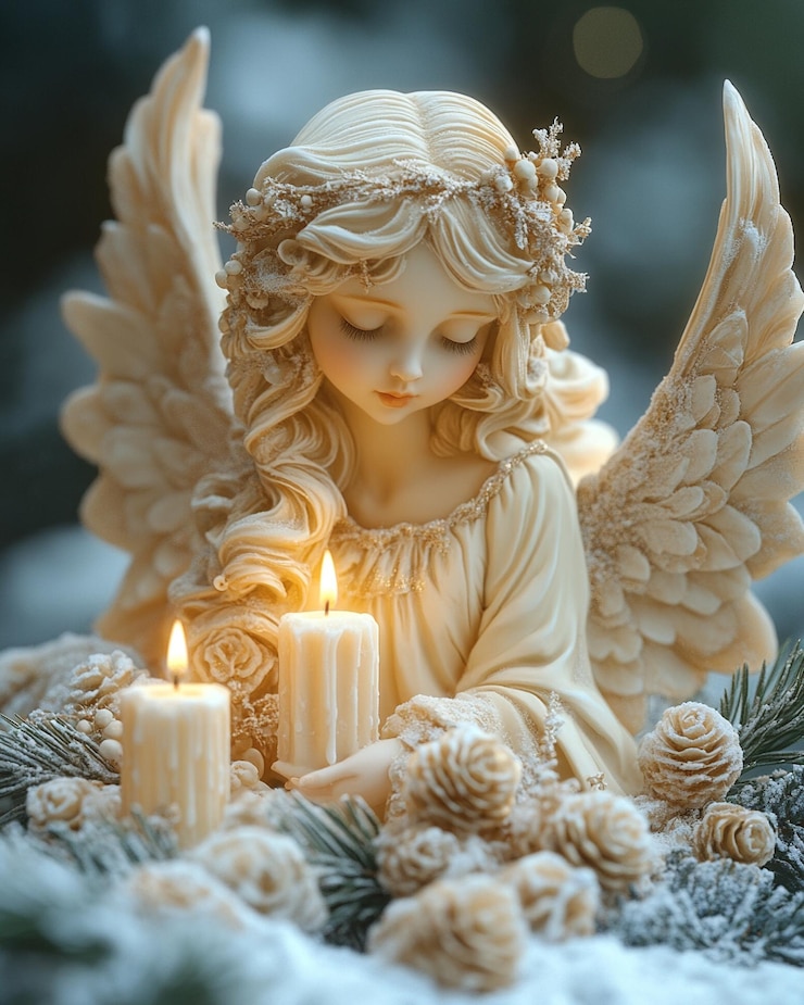 Velas de Navidad brillantes con elegantes figuras de ángeles