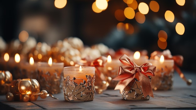 Las velas de Navidad encendidas y los regalos con lazos rojos están borrosos