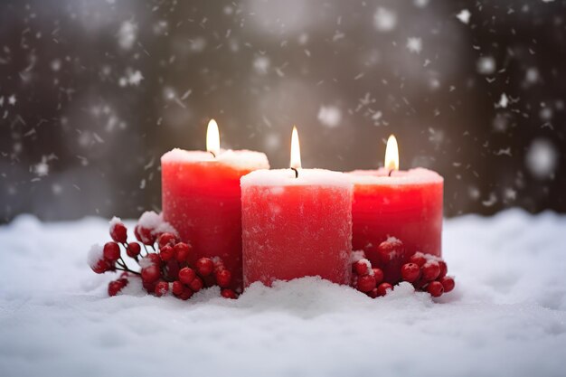 Velas navideñas encendidas en la nieve.