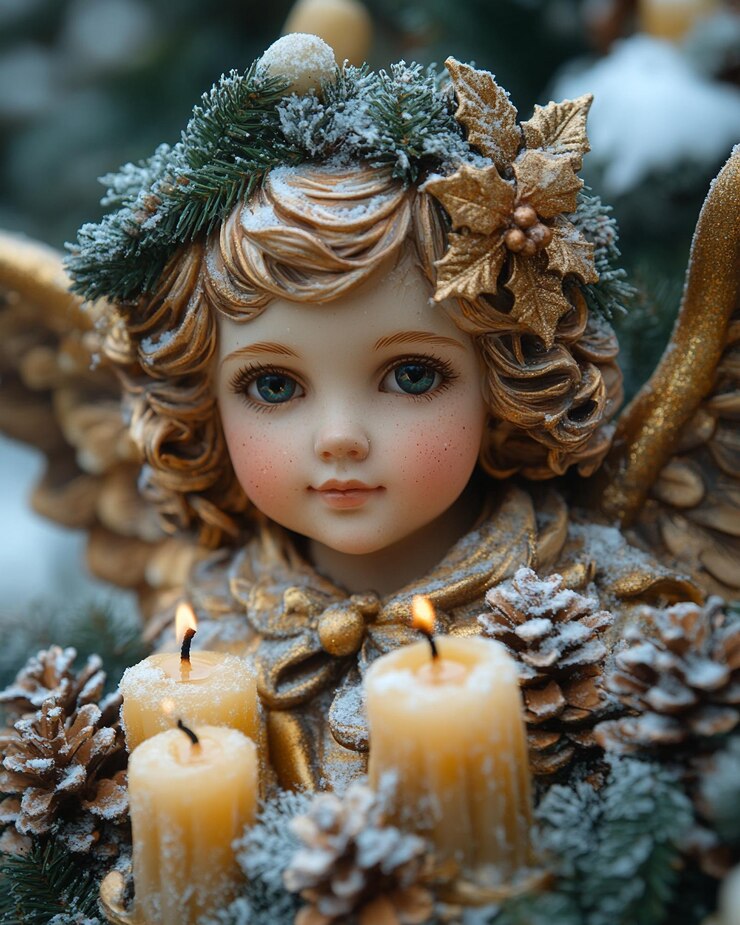 Velas navideñas tranquilas con adornos de ángeles
