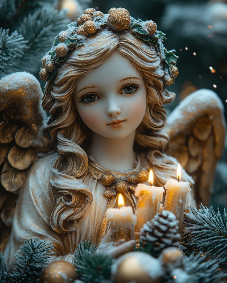 Velas navideñas tranquilas con adornos de ángeles