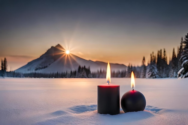 Velas en la nieve con montañas al fondo