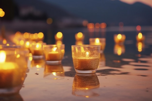 Velas no banquete de casamento Decorações de casamento Casamento no mar no Montenegro