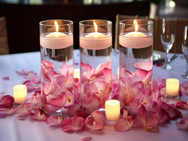 velas con pétalos de flores rosas