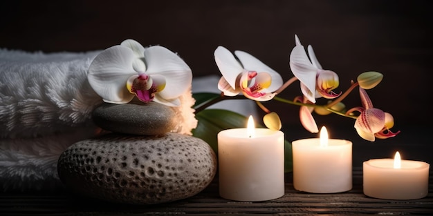 Velas y piedras con orquídeas y una vela a la derecha