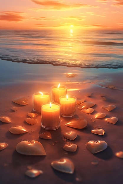 Velas en la playa con corazones en forma de corazón en la arena