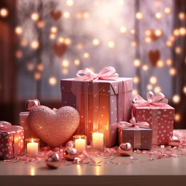 las velas y los regalos están en una mesa con una caja en forma de corazón ai generativa