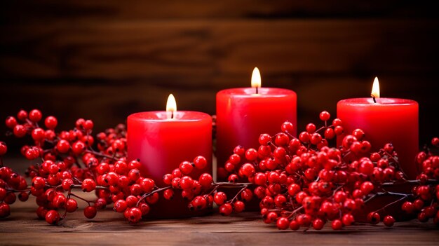 velas rojas y decoraciones de Navidad en la mesa negra