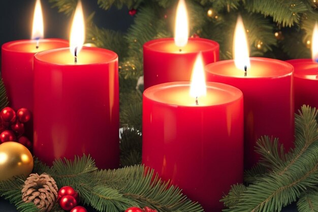 Velas rojas encendidas con árbol de Navidad decorado en el fondo con espacio para copiar