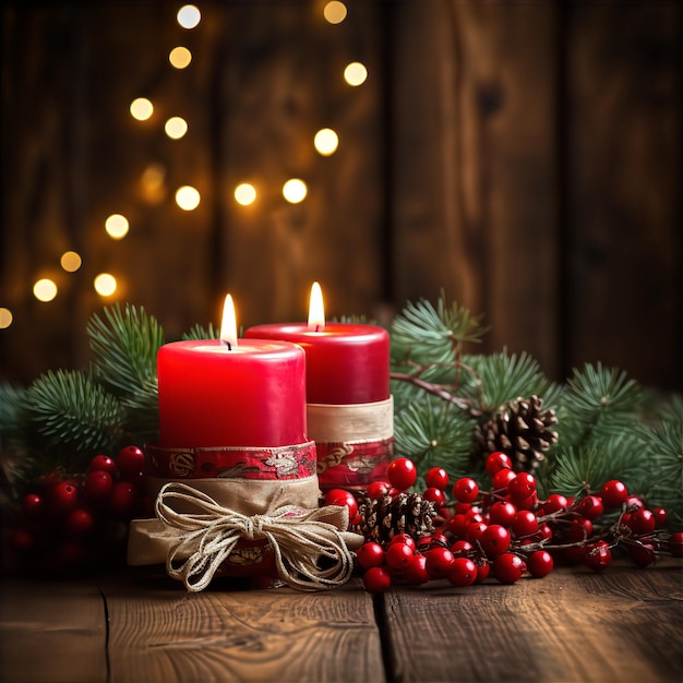 Velas rojas navideñas con bayas de acebo, arcos de pino, fondo de madera con luces bokeh