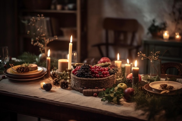 Foto velas são acesas em uma mesa com uma cesta de frutas e outros alimentos generativos ai