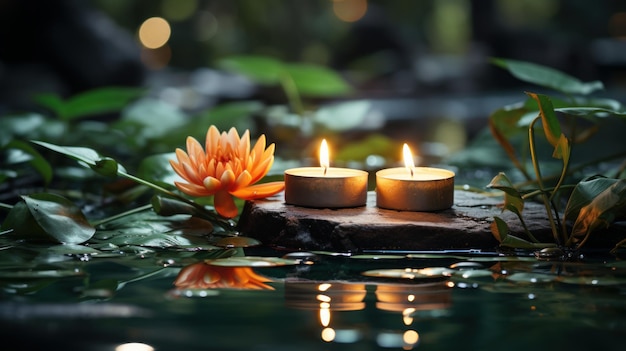 Las velas sobre un fondo de piedra natural a la derecha son el verde de la arboleda de bambú y el loto en el agua