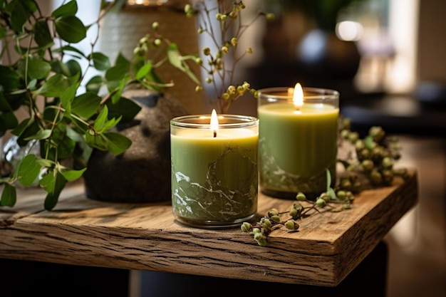 velas sobre una mesa con flores y vegetación