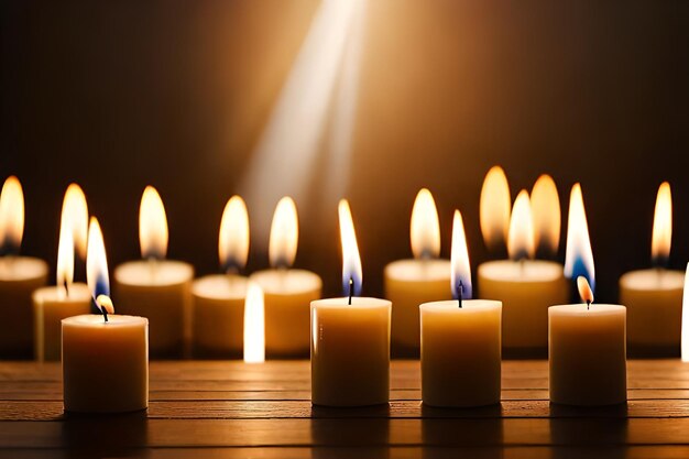 Velas sobre una mesa de madera con la luz que entra por la ventana detrás de ellas.