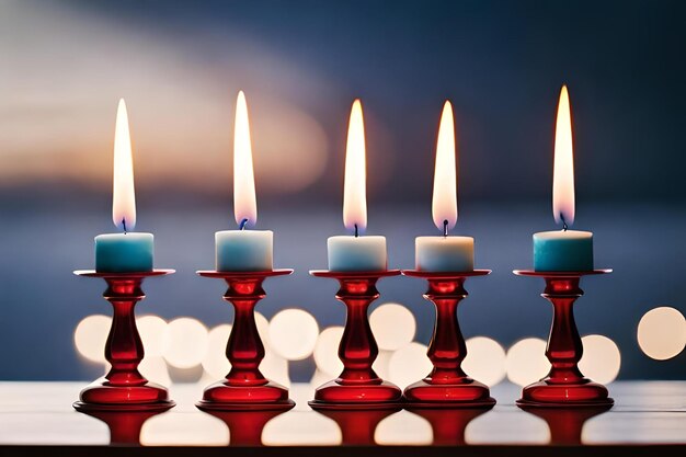 Velas sobre uma mesa com fundo azul e uma vela de vidro vermelha no meio.