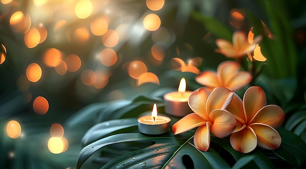 Foto velas de spa y flores de frangipani en un fondo verde borroso concepto de relajación