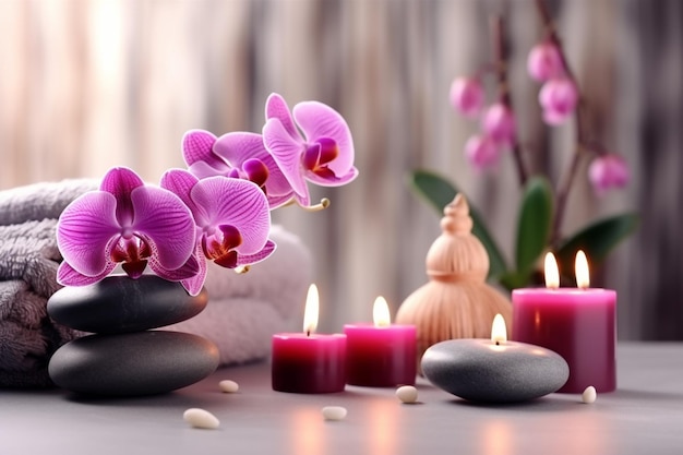 las velas y las toallas se colocan en una mesa con orquídeas generativas ai