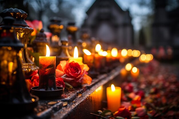 Velas en una tumba en el cementerio de Wola en la ciudad de Varsovia