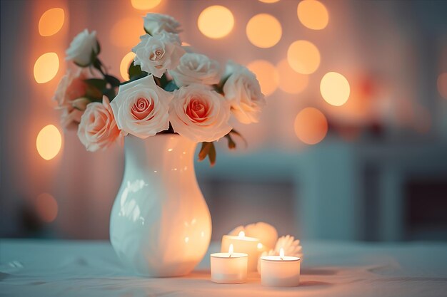 Foto velas y varias flores en un jarrón blanco