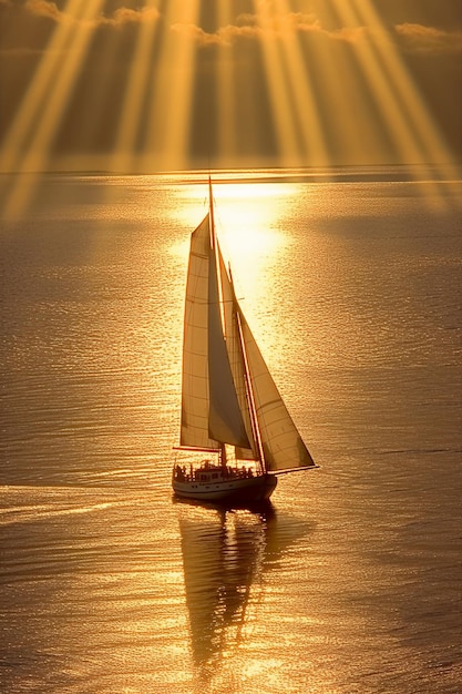 Velas velas de barco a vela ao pôr do sol ou gerador de IA de windsurf