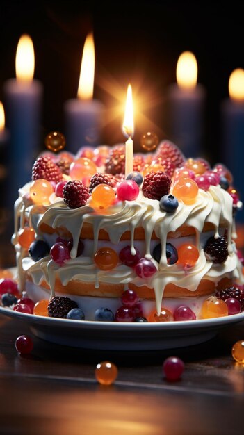 Velas vibrantes de sobremesa de aniversário brilham deliciosamente e atraentes em uma tela branca Vertical Mobile Wa