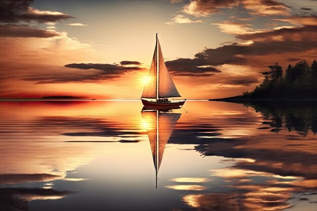 Foto veleiro do pôr do sol no lago crystalclear com reflexo na água criada com generative ai