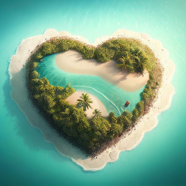 Velentine s Day Concept Tropische herzförmige einsame Insel mit weißem Sandstrand und türkisfarbenem Wasser