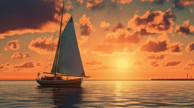 Un velero en el agua con una puesta de sol de fondo.