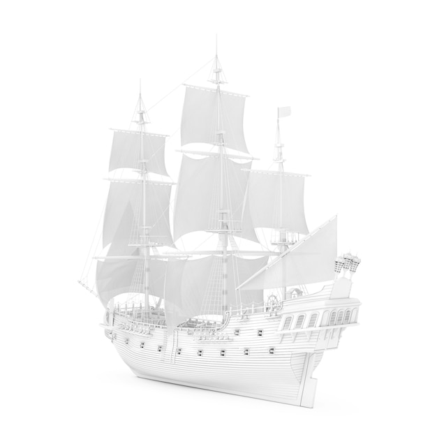 Velero alto vintage blanco, carabela, barco pirata o buque de guerra en estilo de renderizado de arcilla sobre un fondo blanco. Representación 3D