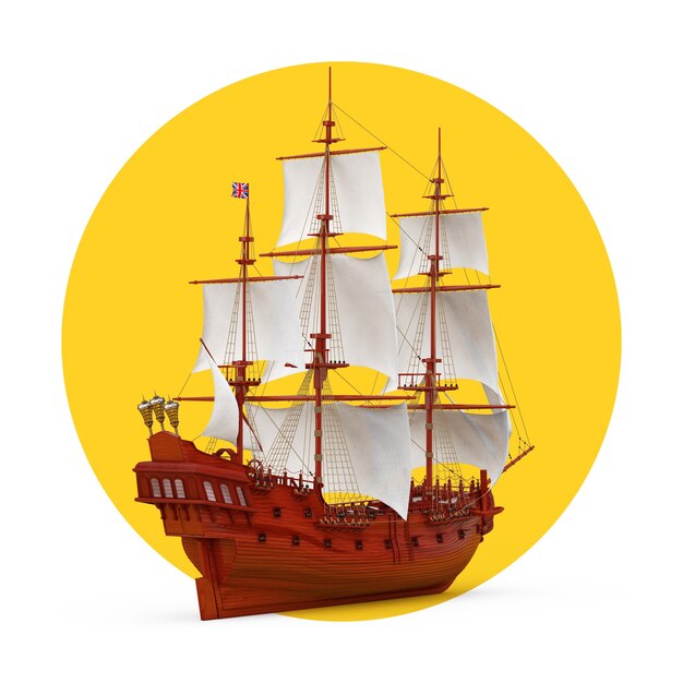 Velero alto vintage de madera roja, carabela, barco pirata o buque de guerra sobre un fondo blanco y amarillo. Representación 3D