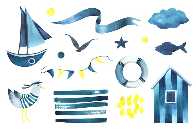 Velero azul rayado con una cabina de gaviota cintas de pescado banderas burbujas Ilustración acuarela dibujada a mano en estilo infantil Conjunto de elementos aislados sobre un fondo blanco