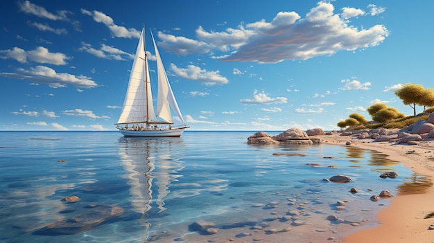 velero blanco flotando en aguas azules bajo un cielo azul claro al estilo de panorama