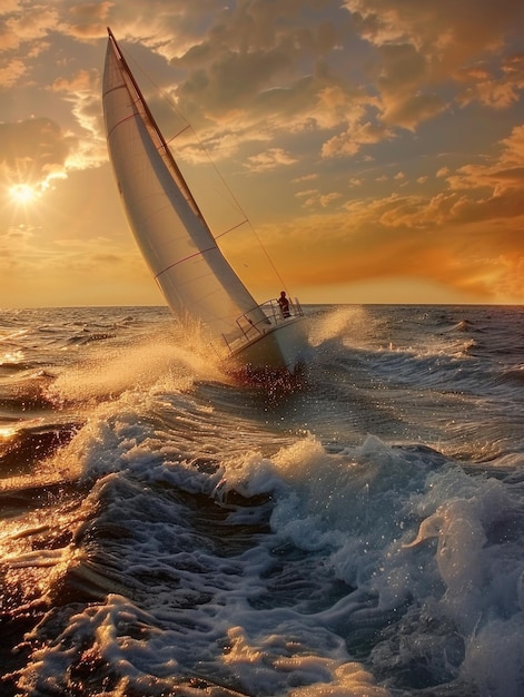 Un velero carga a través de las olas al atardecer rociando en la luz cálida