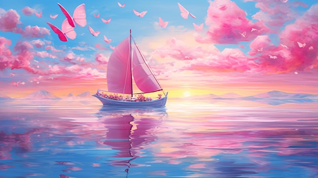 Foto velero en colores pastel rosado caprichoso de la fantasía en el mar tranquilo