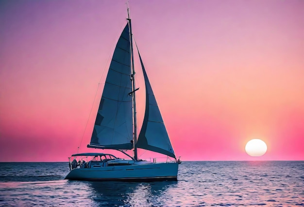 Velero em um mar calmo durante um pôr-do-sol brilhante com nuvens cor-de-rosa férias em um iate no oceano ou