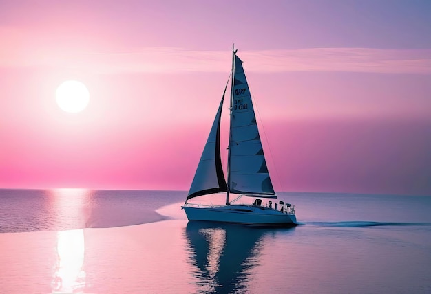 Foto velero em um mar calmo durante um pôr-do-sol brilhante com nuvens cor-de-rosa férias em um iate no oceano ou