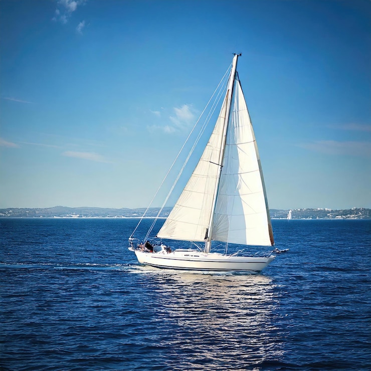 Foto un velero está navegando en el agua con un cielo azul en el fondo