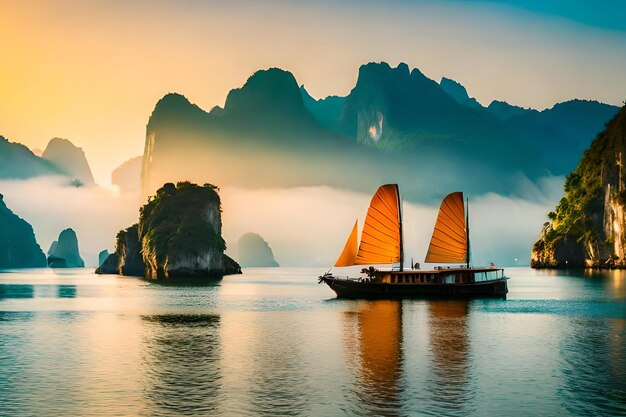 un velero está navegando en el agua con un cielo de puesta de sol detrás de él