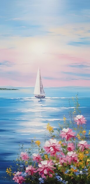 un velero está navegando en el agua con flores