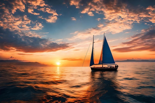 Un velero está navegando en el océano al atardecer.