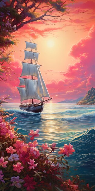 un velero está navegando en el océano con el sol detrás de él