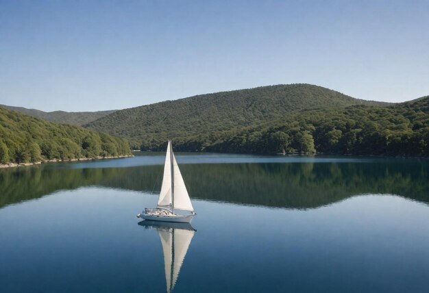 Foto un velero está flotando en un lago con árboles en el fondo